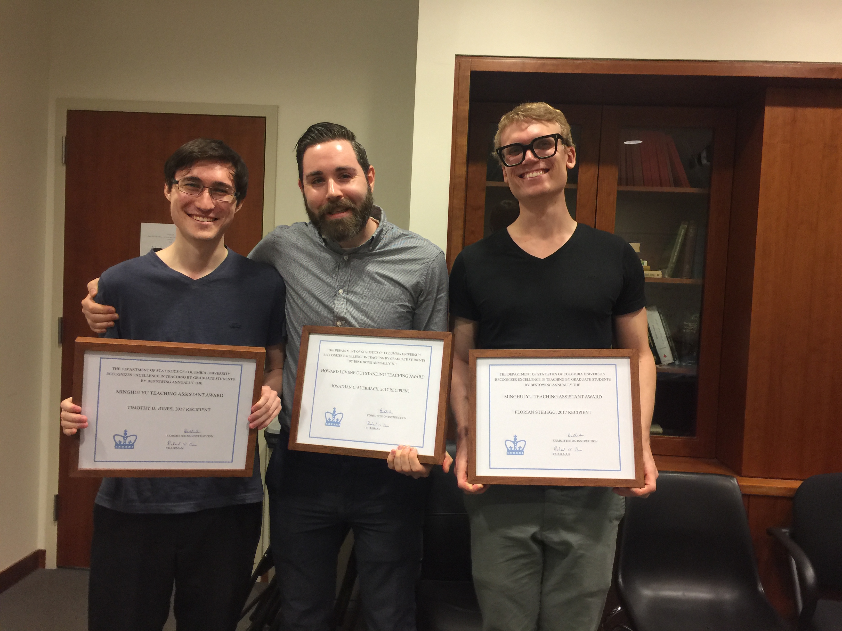 Congratulations to Timothy Donald Jones and Florian Stebegg for being awarded the 2019 Minghui Yu Teaching Assistant Award