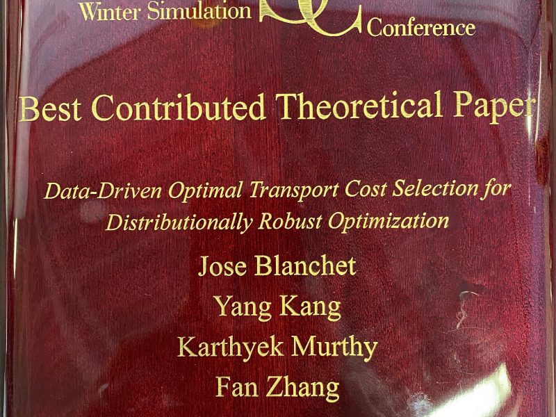 Congratulations to Prof. Jose Blanchet and Yang Kang for receiving the best contributed theory paper award for the Winter Simulation Conference at DC.